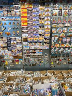 there are many different items on display in this store, including brochures and magnets