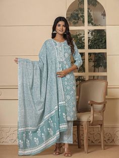 Sea Green Sequins_Work Pure cotton Straight Kurta And Trouser with dupatta Set Kurta design: Floral Print Show Button On Yoke Embroidery Straight shape Round-Neck, Three quarter Regular Sleeves Calf Length with Straight hem, Trouser design: Printed One Pocket Trouser Elasticated waistband Slip-on closure Material & Care:- Top Fabric Pure cotton Bottom Fabric Pure cotton Dupatta Fabric Voile Shipping Policy Domestic delivery time is approximately 3 to 5 days. International delivery time is approximately 10 to 15 days. Return & Exchange GUIDELINES FOR A VALID RETURN AND EXCHANGE: All product tags intact and in their original packaging Product must be unused Products must be in an unwashed and in undamaged condition Whenever you return a product make sure you take a receipt. For further claim Semi-stitched Block Print Straight Kurta Sets, Eid Block Print Unstitched Sets, Festive Cambric Block Print Sets, Festive Cambric Sets With Block Print, Block Print Cambric Straight Kurta Set, Mulmul Straight Kurta Set With Block Print, Bollywood Style Cotton Unstitched Suit With Block Print, Mulmul Sets With Block Print And Straight Kurta, Diwali Palazzo Set In Mulmul With Printed Motifs