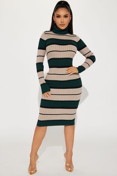 Available In Green/combo And Red/combo. Ribbed Midi Dress Turtle Neck Long Sleeve Gold Snapped Shoulder Detail Stretch Dress Length = 42" Disclaimer: Stripe Pattern May Vary. 68% Rayon 32% Polyester Imported Extra Fits, Turtle Neck Long Sleeve, Striped Sweater Dress, Ribbed Midi Dress, Green Midi Dress, Stretch Dress, Wide Leg Jumpsuit, Xl Dress, Shopping List