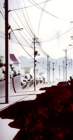 an artistic view of power lines and telephone poles in the distance, with buildings on either side