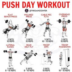 a poster showing how to do push day workouts for the entire body and chest