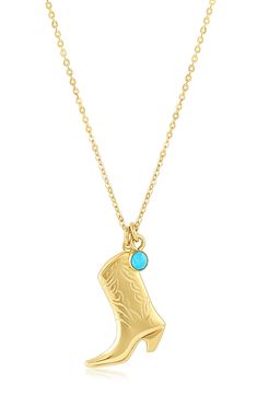 Dangling synthetic turquoise and cowboy boot charms bring bona-fide Western spirit to this handmade chain necklace. 20" length 14k-gold fill/synthetic turquoise Made in the USA Handmade Western Gold Jewelry, Handmade Western Style Gold Jewelry, Handmade Southwestern Gold Necklace, Southwestern Handmade Gold Necklace, Southwestern Style Gold Necklace For Gift, Western Gold Engraved Jewelry, Western Style Gold Jewelry As Gift, Western Style Engraved Gold Jewelry, Engraved Gold Western Jewelry