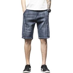 Embrace the cool and casual style with these knee-length jeans shorts for men. Designed with a mid waistline and crafted from high-quality cotton material, they provide optimal comfort and durability. The loose fit offers a relaxed and effortless look, perfect for casual occasions. A must-have addition to your summer wardrobe, these versatile shorts will keep you stylish and comfortable throughout the season.Specifications Waist Type: MID Style: Casual Season: Summer Pattern Type: Solid Pant Sty Denim Cargo Shorts Casual, Knee-length Jeans With Pockets For Summer, Casual Medium Wash Bermuda Shorts With Pockets, Summer Streetwear Knee-length Bottoms, Knee-length Bottoms For Summer Streetwear, Knee-length Summer Streetwear Bottoms, Casual Medium Wash Bermuda Knee-length Shorts, Casual Above Knee Bottoms With Pockets, Medium Wash Knee-length Denim Shorts