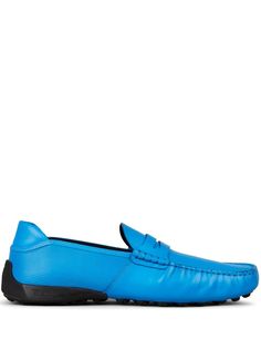 cerulean blue leather slip-on style round toe soft-spike sole rubber sole Blue Leather Sole Slip-on Moccasins, Blue Slip-on Business Moccasins, Blue Slip-on Moccasins, Blue Slip-on Moccasins For Business, Blue Slip-on Loafers With Rubber Sole, Blue Slip-on Loafers With Contrast Sole, Blue Loafers With Contrast Sole Slip-on, Blue Business Loafers With Rubber Sole, Business Blue Loafers With Rubber Sole