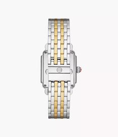 Together 18k gold plating and stainless give a chic look to MICHELE's iconic collection. With diamonds indexes and signature MICHELE touches, the Deco Mid is a must for any watch lover. The two-tone stainless-steel bracelet is interchangeable with any 16mm MICHELE strap. Sku: MWW06V000042 Total Diamond Count: 18 Total Diamond Carats: 0.0800 Case Size: 29MM Strap Width: 16MM Movement: Swiss Two Hand Crystal Type: Sapphire Stone Type: Diamonds Case Color: 2T Silver/Gold Case Material: Stainless St Luxury Stainless Steel Watch Accessories With Diamond Hour Markers, Luxury Diamond Watch With Rectangular Stainless Steel Dial, Luxury Yellow Gold Stainless Steel Watches, Luxury Yellow Gold Stainless Steel Watch Accessories, Timeless Gold Watch With Palladium Hardware, Luxury Gold Diamond Watch In Stainless Steel, Luxury Gold Diamond Watch With Stainless Steel, Gold Rings Stackable, Diamond Fashion Rings