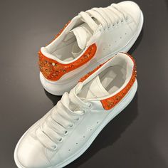 Brand New Without Box! White Embellished Lace-up Sneakers, Luxury Embellished Lace-up Sneakers, Luxury Embellished White Sneakers, Embellished Leather Sneakers With Round Toe, Luxury White Sneakers With Rhinestones, Embellished Leather Sneakers, Elegant Embellished White Sneakers, Elegant White Embellished Sneakers, Luxury Embellished Leather Sneakers