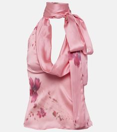 Printed silk-blend satin top in pink - Blumarine | Mytheresa Chic Silk Tops For Spring, Silk V-neck Top For Night Out, Chic Fitted Silk Tops, Silk Crepe Tops For Summer, Fitted Silk Chic Tops, Chic Fitted Satin Top, Chic Satin Tops For Spring, Silk Tops For Spring, Silk V-neck Tops For Spring