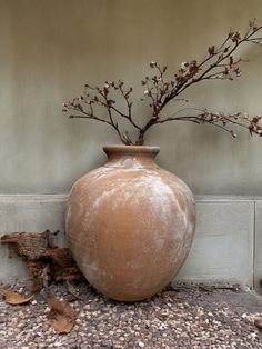 a vase sitting on the ground next to a wall