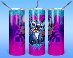 two tumblers with cartoon characters on them, one is purple and the other is blue