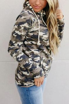 Camouflage Zipper Collar Striped Doublehood Sweatshirt Double Hooded Sweatshirt, Favorite Leggings, Camo Sweatshirt, Autumn Sleeve, Camo Hoodie, Winter Sweatshirt, Girls Boutique, Camo Print, Sleeves Pattern