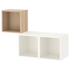 two white shelves with one open and the other closed on each side, against a white background