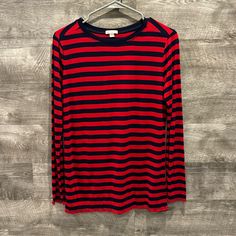 Gap Nwot Navy/ Red Stripes Long Sleeves Top In 100% Viscose. Item 0397 Red And Black Long Sleeve Shirt, Long Sleeved Striped Shirt, Striped Long Sleeve Shirt Outfit, Red Striped Shirt Outfit, Red And Black Striped Shirt, Long Sleeve Shirt Outfits, Outfits With Striped Shirts, Red Striped Shirt, Black Striped Shirt