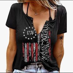 We The People 1776 T Shirt American Flag Patriotic Tee Tops For Women 4th Of July Short Sleeve Casual Graphic Tshirt. 1.We The People 1776 Letter Print Shirt Casual Fall Casual Graphic Cute Tees Tops Shirts, American Flag Stars Funny Tops Tees. Loose O-Neck Funny Family Or Friends Gift Shirt, Fashion Casual Style 2.You Can Tuck It Into Trousers, Jeans, Or Skirts To Get A Casual Yet Stylish Look New, Never Worn. Black, Red, & White. Size S (Small). Size S-----Length 66cm/26.0"-----Bust 96cm/37.8" Patriotic Black T-shirt With Letter Print, Black T-shirt With American Flag For 4th Of July, Black Flag Print Top For Summer, Black Tops With Flag Print For Summer, Casual Black T-shirt With American Flag Print, Black Tops With American Flag Print For Summer, Black Summer Top With American Flag Print, Black Cotton Tops With American Flag Print, Casual Black Top With Flag Print