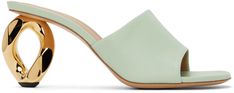 Grained lambskin slip-on heeled sandals in green. · Open toe · Logo embossed at padded leather footbed · Grained leather lining · Sculptural curb chain heel · Leather sole · Heel: H2.5 Supplier color: Bright green Tassel Heels, Slides Sandals, Jw Anderson, Curb Chain, Heeled Sandals, Bright Green, Black Sandals, Leather Heels, Leather Sandals