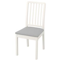 a white chair with a gray seat pad on it's back and bottom side