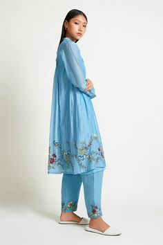 Buy Blue Kurta Chanderi Pant Linen Embroidery Mandarin Collar And Set For Women by Payal Pratap Online at Aza Fashions. Blue Chikankari Embroidery Salwar Kameez For Spring, Blue Chikankari Embroidery Sets For Spring, Spring Blue Salwar Kameez With Chikankari Embroidery, Blue Salwar Kameez With Chikankari Embroidery For Spring, Blue Cotton Silk Kurta For Spring, Blue Bollywood Kurta For Spring, Blue Bollywood Style Kurta For Spring, Blue Bollywood-style Kurta For Spring, Blue Long Sleeve Palazzo Set With Floral Embroidery