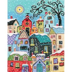 a cross stitch pattern with houses in the snow