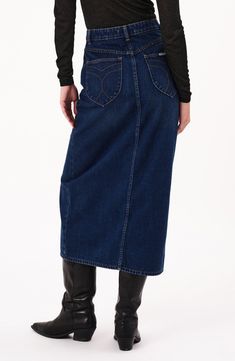 Exposed front buttons and patch pockets bring retro appeal to a midi-length skirt cut from nonstretch denim in the perfect dark-blue wash. Front button closure Front and back patch pockets 100% cotton Machine wash, line dry Imported Dark Wash Denim Skirt With Five Pockets, Classic Straight Leg Denim Skirt With Pockets, Classic High Rise Dark Wash Denim Skirt, Classic Denim Blue Denim Skirt With Pockets, Classic Medium Wash Denim Skirt For Work, Classic Dark Wash Denim Skirt With Pockets, Dark Wash Denim Skirt With Button Zip Fly, Classic Medium Wash Denim Skirt, Classic High Waist Denim Skirt In Blue