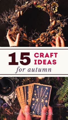 hands holding cards with the text 15 craft ideas for autumn in front of them and an image