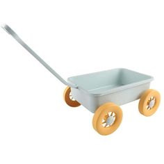 a white plastic wagon with yellow wheels