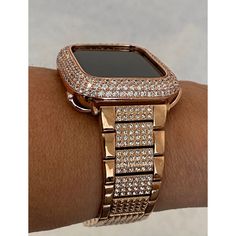 Fits the Apple Watch available for sizes 38,40,41,42,44 and 45mm in series 1,2,3,4,5,6,7,8 or SE Men's and Women's. Rose Gold Apple Watch Band Bling with high quality Swarovski Crystals set in stainless steel with a butterfly buckle. Fits wrist size from 5.5" to 8". Comes with a tool to remove links with instructions. Add a custom Rose Gold 14K Gold Plated Bezel with micro pave lab diamonds. Two bars on the back hold the watch firmly in place, easy to get on and off. Access to all button. **Appl Apple Watch Bands Women, Apple Watch Fashion, Rose Gold Apple Watch, Gold Apple Watch, Gold Apple, Apple Watch Accessories, 38mm Apple Watch Band, Band Bracelet, Bezel Diamond