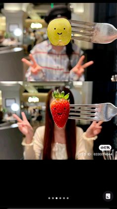 a woman holding a fork and knife in front of her face with an image of a strawberry on it