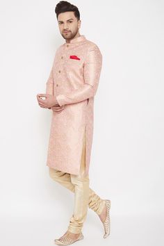 Buy Men's Woven Design Sherwani Set in Pink Pink Sherwani, Festive Wedding, Brocade Blouses, Sequin Blouse, Pink Bottom, Silk Bottoms, Dupion Silk, Gold Silk, Gold Top