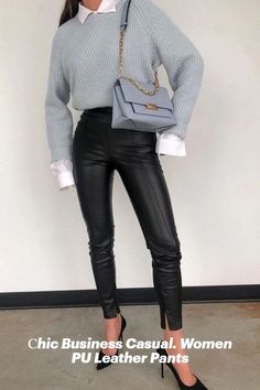 Сhic Business Casual. Women PU Leather Pants Sleek Tapered Leg Leather Pants For Fall, Sleek Leather Pants With Tapered Leg For Fall, Trendy Leggings For Work In Fall, Trendy Tapered Leg Leather Pants For Work, Trendy Fall Leggings For Workwear, Sleek Leather Winter Pants, Trendy High Waist Leather Pants, Sleek Straight Leather Pants For Office, Trendy Winter Workwear Leggings