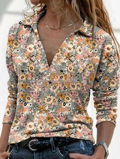 Orange Casual Graphic Tops V Neck Floral Printed Long Sleeve Blouse Long Sleeves Tops, Spring Fashion Casual, Half Sleeve Blouse, Floral Fit, Long Sleeve Tops Casual, Summer Crop Tops, Graphic Tops, Fashion Gallery, Pullover Designs