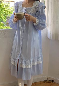 Cottage Ruffle Lace Nightgown Dress / Blue | Best Stylish Bedding | Ever Lasting Cottagecore Lace Trim Nightgown For Loungewear, Cottagecore Nightgown With Lace Trim For Loungewear, Cottagecore Lace Trim Sleep Dress, Cottagecore Sleepwear With Lace Trim, Feminine Ruffled Nightgown For Sleep, Cottagecore Lace Trim Dress For Loungewear, Feminine Nightgown With Lace Trim For Home, Spring Feminine Lace Patchwork Nightgown, Feminine Lace Trim Nightgown For Home