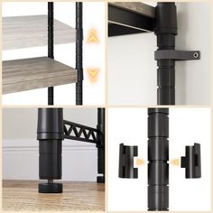 four different views of a shelf with various parts attached to the top and bottom part