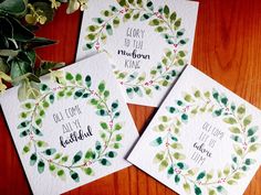 three cards with watercolor leaves on them