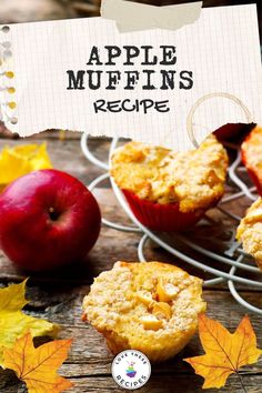 an apple muffins recipe on a wooden table with autumn leaves and apples in the background