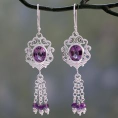 Bhavesh in India brings the grandeur of the Mughal empire into the present day with this luxurious pair of dangle earrings. Polished sterling silver with traditional jali openwork frames sparkling faceted amethysts totaling five carats. Beneath, petite amethyst beads sway from silver chains. Diamond Butterfly Necklace, Prince Purple, Thanks A Million, Dolphin Jewelry, Classy Earrings, Marcasite Jewelry, Oval Stud Earrings, Necklace Ideas, Earring Designs