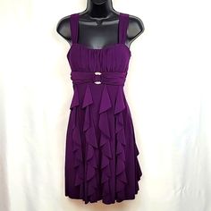 Dance The Night Away In This Mini Party Dress From Betsy & Adam!! New With Tags!! Eggplant Purple/ Light Plum Dress Has 2" Straps, Silver Rhinestone Detail Under Gathered Bodice And Waterfall Ruffles On Skirt Side Zipper With Hook /Eye Closure Shell:Polyester Spandex Lining: Polyester Size 4 Petite (See Photo Of Measurements) No Flaws Or Damage 2058 Purple Sleeveless Dress For Holiday, Purple Midi Dress For Formal Party Season, Holiday Formal Purple Dress, Party Dress Purple, Mini Party Dress, Gathered Bodice, Plum Dress, Mini Party, Eggplant Purple