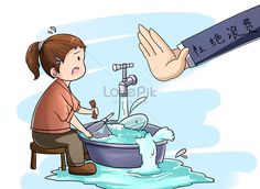 a woman sitting in front of a bucket filled with water next to a giant hand