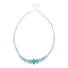 Jay King Sterling Silver Aquamarine Graduated Bead 18" Necklace Beautiful blue-green aquamarine beads, strung in an attractive graduated silhouette, are an easy choice for chic, stylish dressing. From Jay King.       Approx. 18"L x 11/16"W with 2-3/4" extender     Stamped .925     Hook closure     Rondelle-shaped beads of blue-green aquamarine strung in graduated silhouette   Stone Information       All sizes and weights approximate     Stabilized Aquamarine - Rondelle (4x3mm to 18x11mm); mined Green Aquamarine, Aquamarine Beads, Mozambique, Beautiful Blue, Aquamarine, Jay, Blue Green, Jewelry Necklaces, Sterling Silver