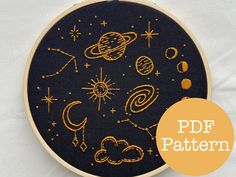 a black and gold embroidered wall hanging with stars, planets, and clouds