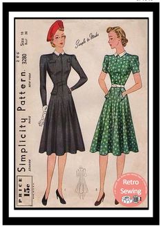 two women's dresses, one in green and the other in black with polka dots