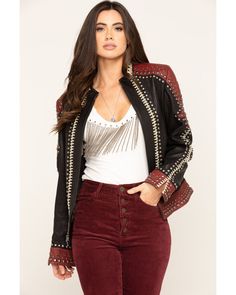 Double D Ranch Womens Oxblood By The Rio Grande Jacket, Red Fall Fitted Studded Biker Jacket, Studded Fitted Biker Jacket For Fall, Fitted Studded Biker Jacket For Fall, Fitted Biker Jacket With Studs For Fall, Fitted Leather Jacket For Festival, Fitted Outerwear With Rhinestone Rivets, Fitted Outerwear With Rivets For Fall, Edgy Embellished Long Sleeve Outerwear, Edgy Embellished Winter Outerwear