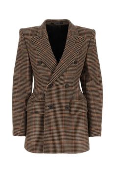 100% Cupro, 53% Wool, 47% Nylon | Balenciaga Women's Double-breasted Houndstooth Pattern Jacket in Brown | FW23/24 Balenciaga Jacket Women, Balenciaga Jacket, Pattern Jacket, Japan Woman, Embroidered Wool, Houndstooth Blazer, Classic Blazer, Double Breasted Jacket, Houndstooth Pattern