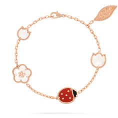 Van Cleef & Arpels - Lucky Spring bracelet, 5 motifs - Bracelet Woman Pink gold/Carnelian/Mother-of-Pearl - With its ladybugs and floral motifs, the Lucky Spring® collection pays tribute to Spring, the season of renewal dear to Van Cleef & Arpels. In 18K rose gold, carnelian and onyx, the creations enrich the benevolent nature of the Maison's universe. With its ladybugs and floral motifs, the Lucky Spring® collection pays tribute to Spring, the season of renewal dear to Van Cleef & Arpels. In 18 خ�واتم خطوبة, Ladybug Jewelry, Van Cleef & Arpels, Malachite Bracelet, Clover Bracelet, Mens Earrings Hoop, Spring Bracelet, Bracelet Tennis, Signet Ring Men