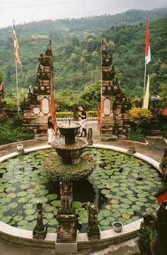 people sitting on the edge of a fountain with lily pads in front of it and mountains in the background