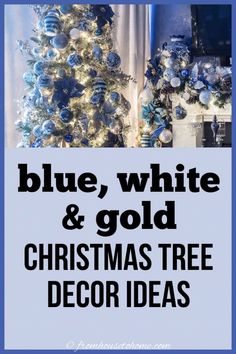 blue, white and gold christmas tree decorated with ornaments is featured in this postcard