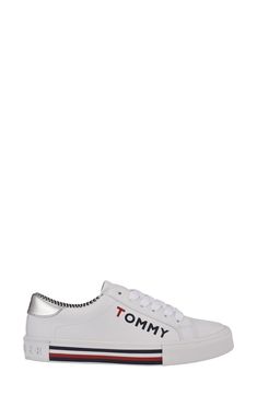 Add an iconic, preppy element to your look with this low-top sneaker featuring allover logo branding. Lace-up style Synthetic upper/textile lining/synthetic sole Imported Women's Shoes Round Toe Sneakers With Embroidered Logo, Trendy Sports Sneakers With Logo, Modern White Sneakers With Embroidered Logo, Trendy Streetwear Sneakers With Embossed Logo, Trendy Sneakers With Logo And White Sole, Casual White Platform Sneakers With Logo, Casual Low-top Platform Sneakers With Logo Detail, Casual Leather Platform Sneakers With Logo, White Synthetic Sneakers With Embroidered Logo