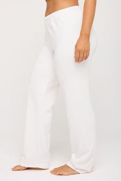 Shoot it straight. A relaxed fit, full-length straight-leg pant designed with an encased elastic waistband. Made with a French Terry fabrication, it's the perfect blend of 75% cotton and 25% modal, creating an extra (extra) soft feel. | Joy Straight Leg Pant in White Full Length 4-way Stretch Pants For Loungewear, Fitted Sweatpants With Ribbed Waistband And Straight Leg, Chic Straight Yoga Pants With Elastic Waistband, Fitted Straight Leg Pull-on Sweatpants, Wide Leg Comfort Stretch Pants For Lounging, Comfort Stretch Wide Leg Lounge Pants, Comfort Stretch Wide Leg Pants For Lounging, Chic Straight Leg Yoga Pants For Loungewear, Chic Straight Leg Sweatpants For Lounging