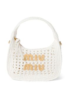 white crochet knit appliqué logo gold-tone hardware detachable shoulder strap single top handle top zip fastening main compartment removable pouch Crochet Bag White, Miu Miu Crochet, Miu Miu Wander, Miu Miu Bag, Versace Outfit, Chanel 2, Iconic Bags, Fine Watches, Ballet Flat Shoes