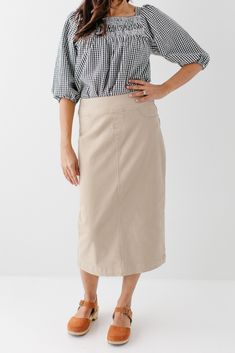 'Sara' Stretch Denim Skirt in Khaki Spring Pencil Skirt With Pockets And Stretch, Stretch Pencil Skirt With Pockets For Spring, Spring Stretch Pencil Skirt With Pockets, Modest Relaxed Fit Bottoms For Spring, Khaki Midi Skirt For Spring, Modest Fitted Bottoms For Fall, Relaxed Khaki Skirt For Fall, Khaki Midi Skirt For Fall, Lined Denim Skirt For Workwear In Fall