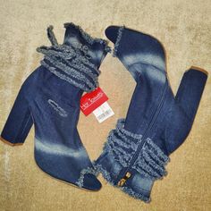 New With Tag In Perfect Condition Chic And Stylish Bootie In Distressed Stretchy Denim Side Zipper And Raw Edges Ties And Trims On The Ankle Size 7.5 (True To Size) Heel Height 4" Questions? Leave A Comment Below Blue Jean, Stretch Jeans, Stretch Denim, Bootie, Side Zipper, Blue Jeans, Bootie Boots, Open Toe, Heel Height