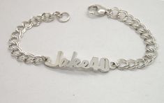 Sturdy sterling silver bracelet is a great personalized gift for men. Order your own message for this custom made bracelet, it will be made in a comfortably curved central piece with hefty chain and large lobster clasp. Depends on what you would like it to say, sterling silver center will be 1.5-1.8 in wide and 2.4mm thick - they are cast, not cut out of the metal sheet, which gives them extra sturdiness. If you would like to use handwriting, just send me a picture of it attached to the Etsy mes Handwriting Bracelet, Customised Bracelets, Handwriting Jewelry, Personalized Gifts For Men, Personalised Gifts For Him, Christmas Gifts For Him, Metal Sheet, Personalized Christmas Gifts, Chain Link Bracelet